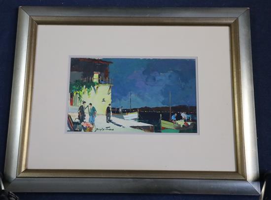 Cecil Rochfort DOyly John (1906-1993) Mediterrenean harbour scene at night 7.5 x 12.75in.